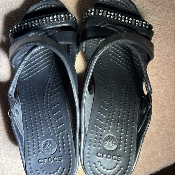 CROCS Black High Heeled Sandals with Rhinestones Accents - Picture 3 of 7